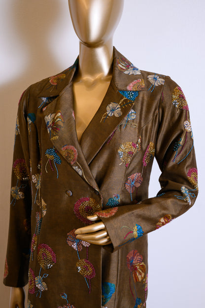 Mehandi Brown Chanderi Cutdana & Sequinned Jacket Set with Chir Work