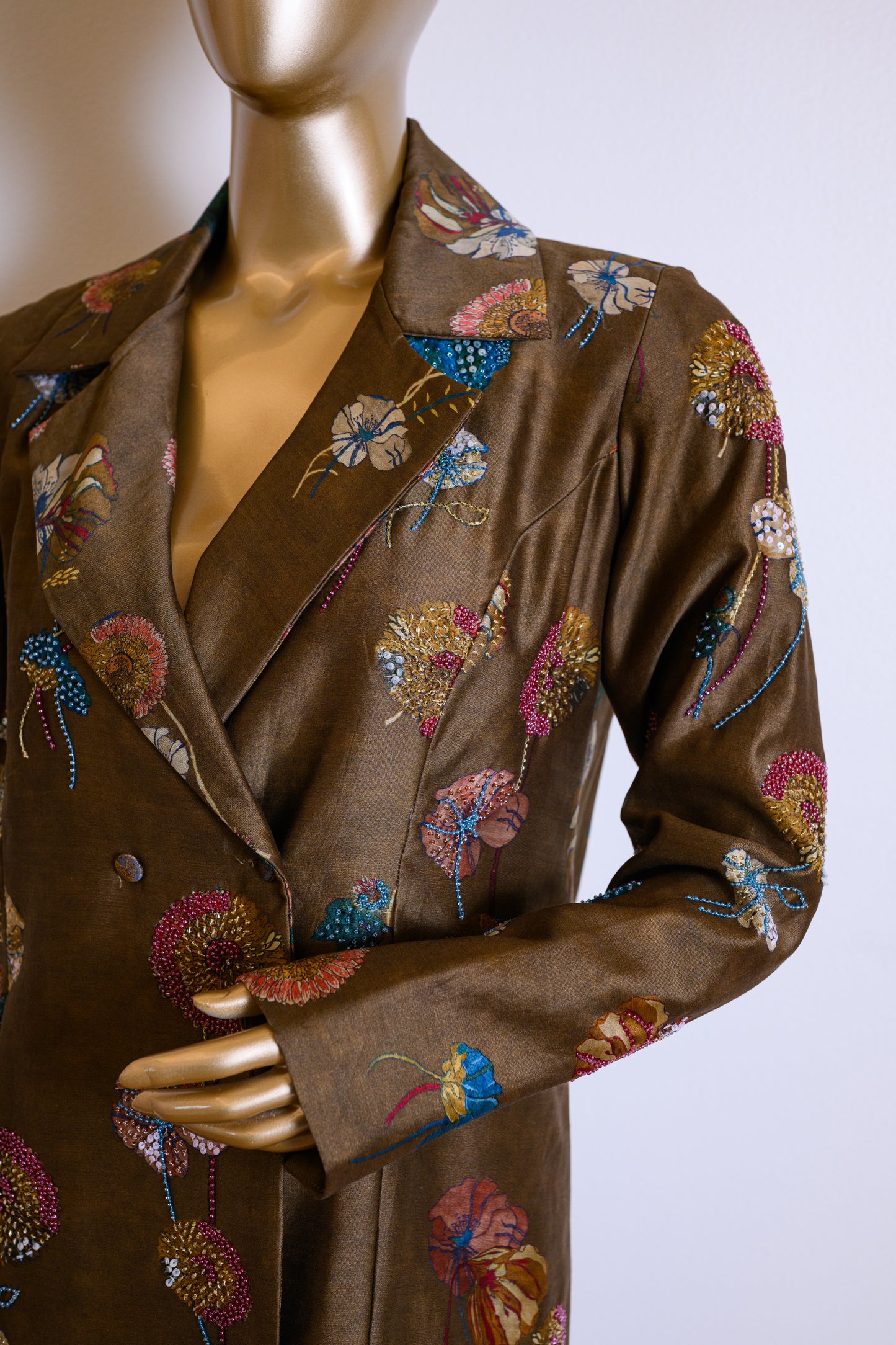 Mehandi Brown Chanderi Cutdana & Sequinned Jacket Set with Chir Work