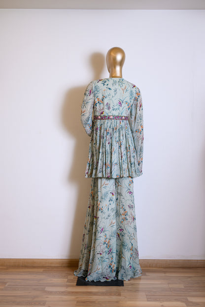 Georgette Peplum Printed Co-ord Set with Cutdana Resham Details