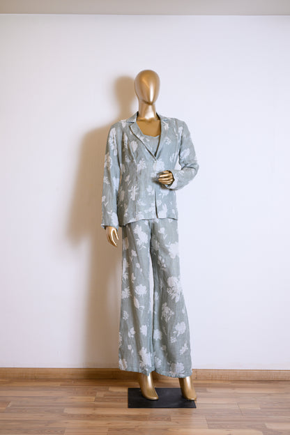 Designer Grey Floral Printed Jacket Set in Linen