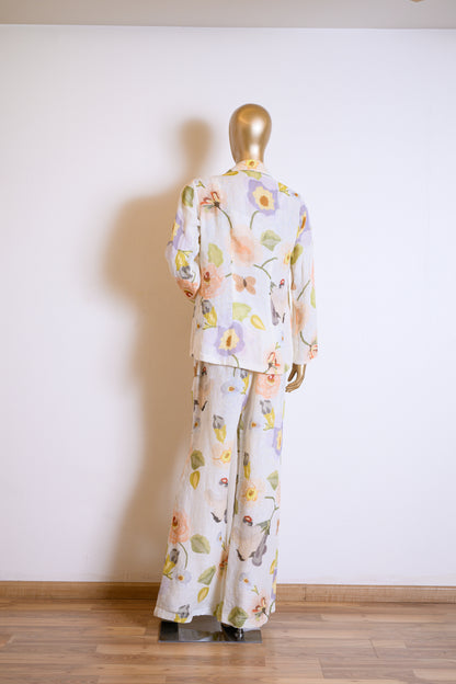 Designer Peach Floral Printed Jacket Set in Linen