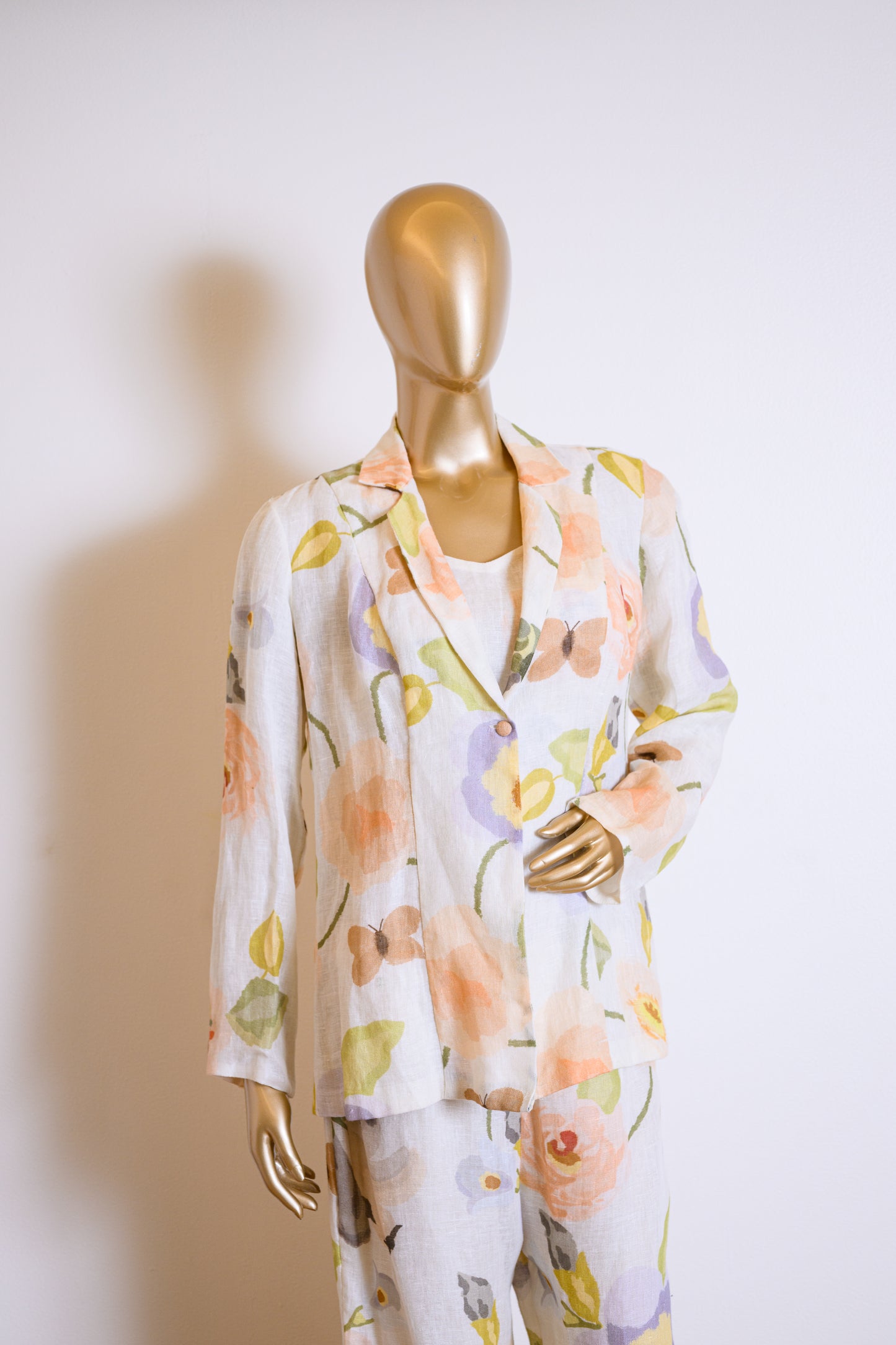 Designer Peach Floral Printed Jacket Set in Linen