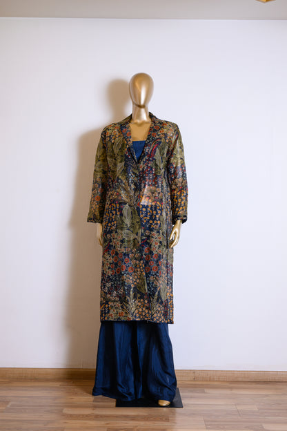 Elegant Deep Blue Organza Cutdana Jacket Set with Sequins