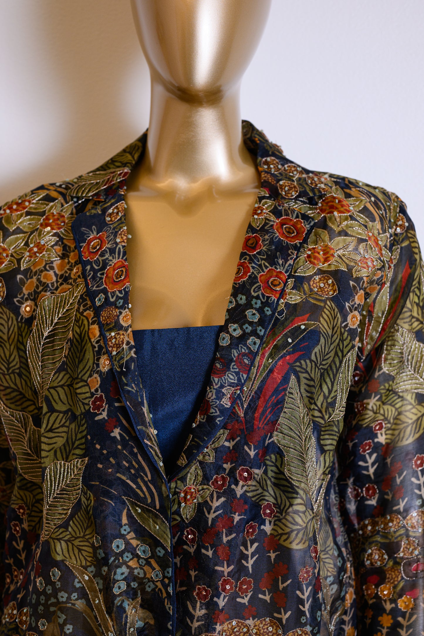 Elegant Deep Blue Organza Cutdana Jacket Set with Sequins