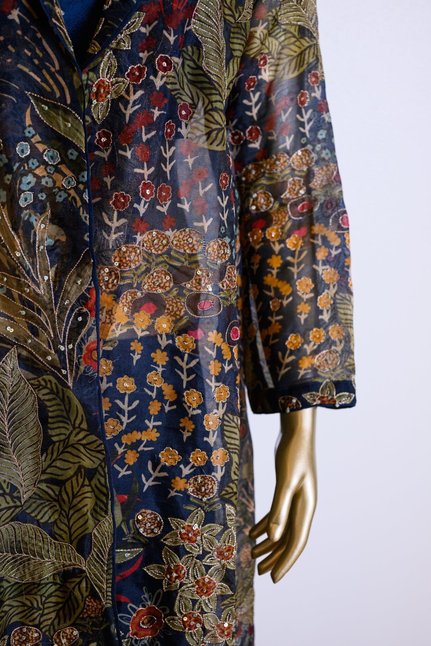 Elegant Deep Blue Organza Cutdana Jacket Set with Sequins