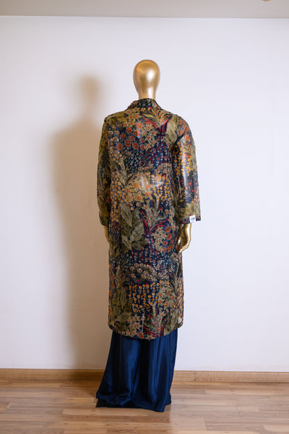 Elegant Deep Blue Organza Cutdana Jacket Set with Sequins