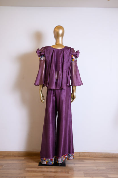 Purple Organza Flared Top & Palazzo Set with Resham Work