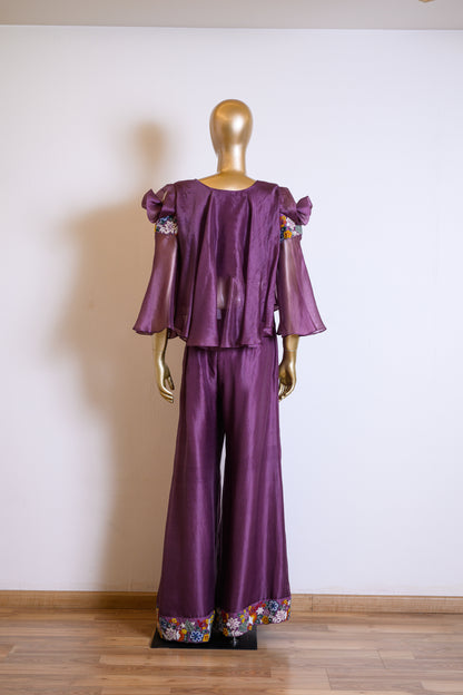 Purple Organza Flared Top & Palazzo Set with Resham Work