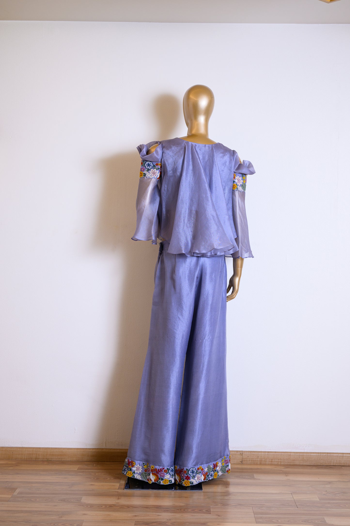Lavender Organza Flared Top & Palazzo Set with Resham Work