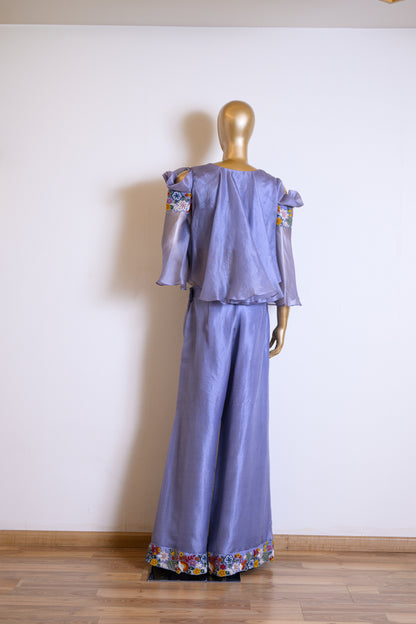 Lavender Organza Flared Top & Palazzo Set with Resham Work