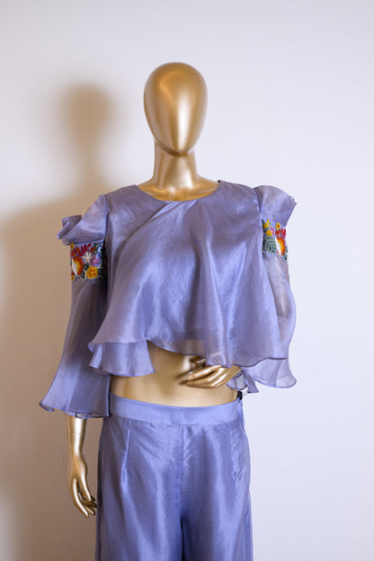Lavender Organza Flared Top & Palazzo Set with Resham Work