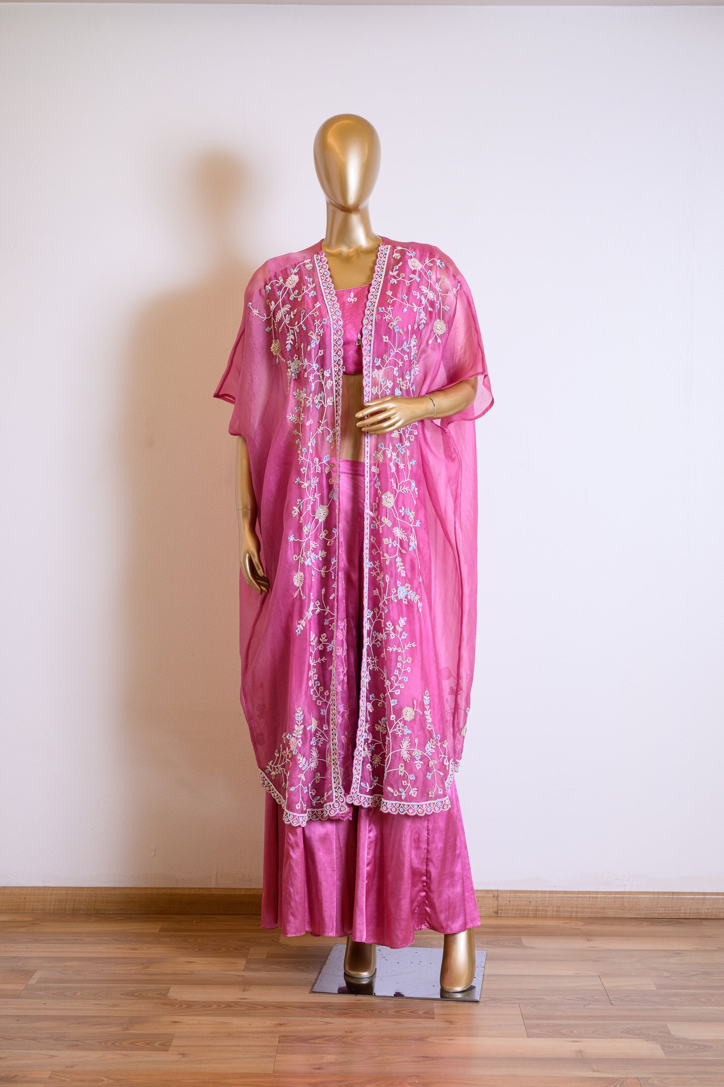 Designer Pink Sequinned Organza Cape Set with Cut Dana Details