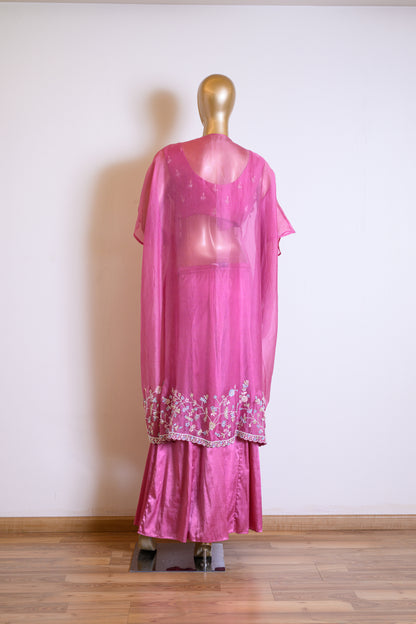 Designer Pink Sequinned Organza Cape Set with Cut Dana Details