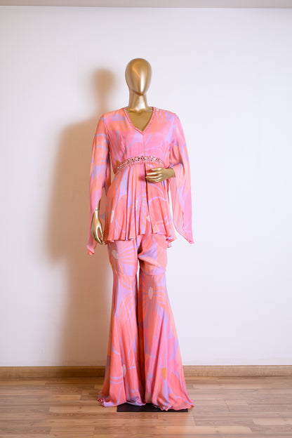 Pink Peplum Chinon Co-ord Set With Mirror Work