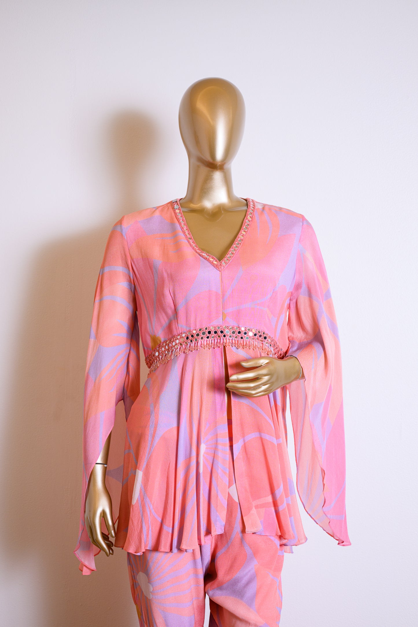 Pink Peplum Chinon Co-ord Set With Mirror Work