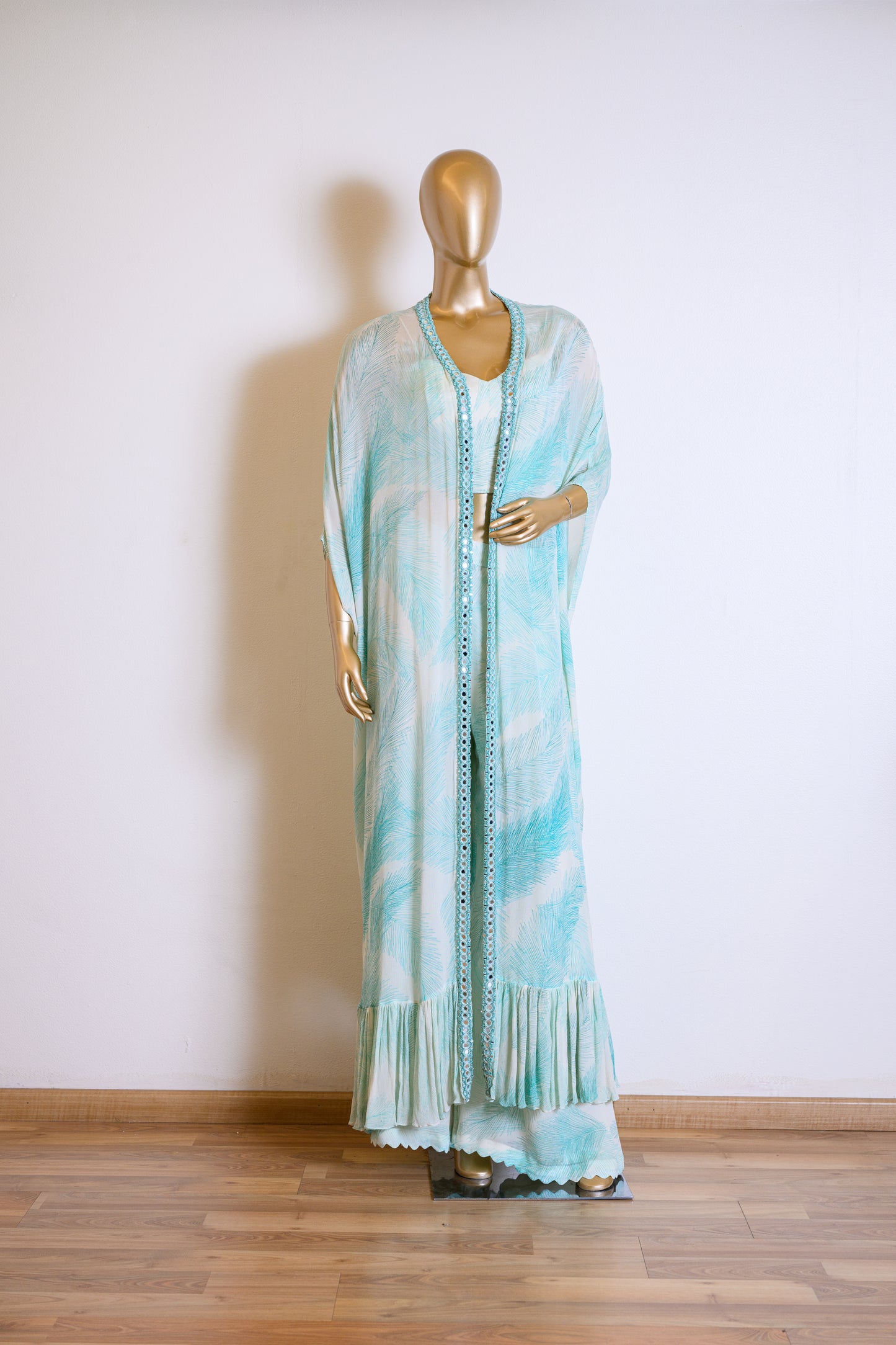 Elegant Blue Georgette Printed Cape Set with Mirror Work