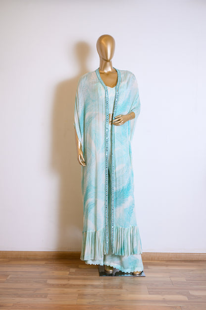 Elegant Blue Georgette Printed Cape Set with Mirror Work