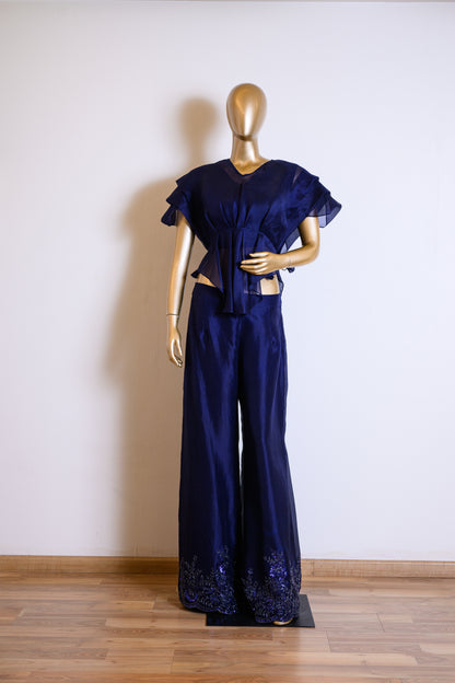 Deep Blue Organza Co-ord Set with Pleated Cut Dana Details