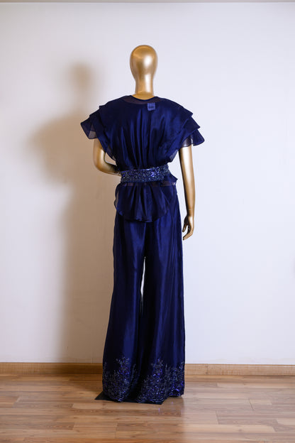 Deep Blue Organza Co-ord Set with Pleated Cut Dana Details