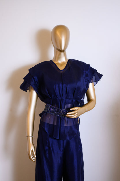 Deep Blue Organza Co-ord Set with Pleated Cut Dana Details
