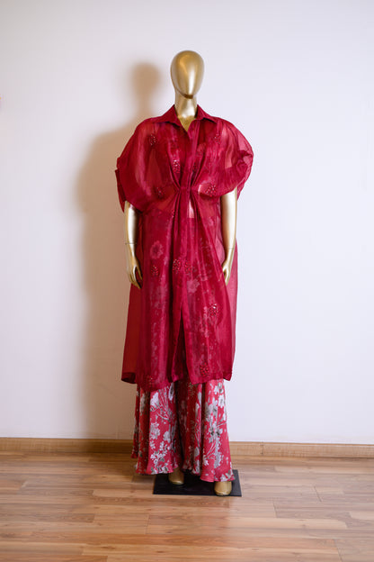Printed Organza Red Jacket Set Detailed with Mirror Work