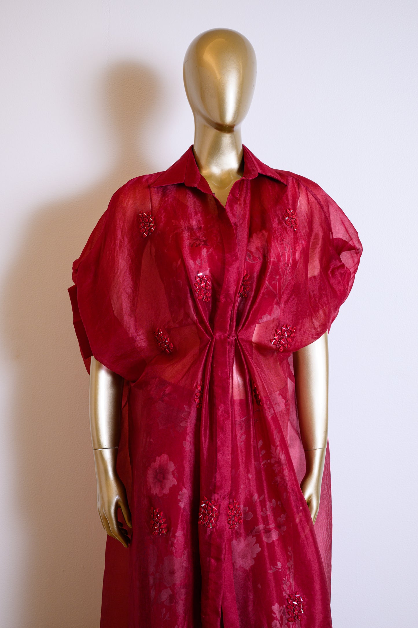 Printed Organza Red Jacket Set Detailed with Mirror Work