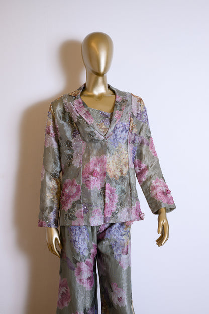 Green Printed Tissue Sequinned Jacket Set