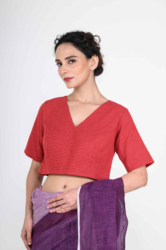 Red Checks Printed Cotton Blouse