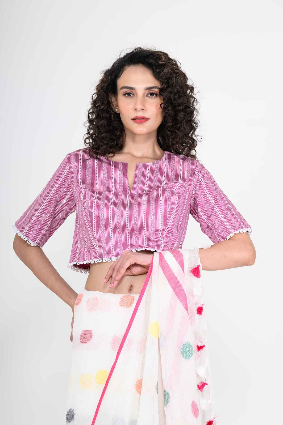 Pink Printed Cotton Blouse with Lace Work