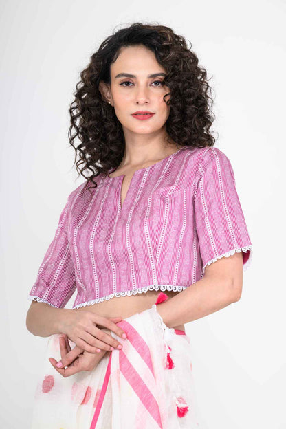 Pink Printed Cotton Blouse with Lace Work