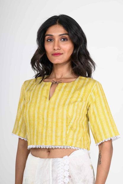 Yellow Printed Cotton Blouse with Lace Work