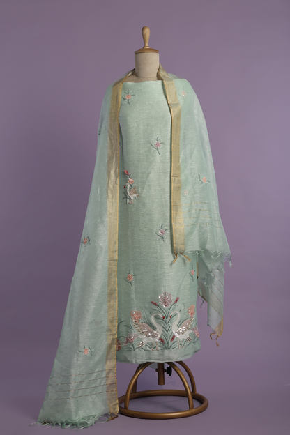 Aqua Blue Linen Kurta Set with Intricate Resham Embroidery with Pearls & Sequins