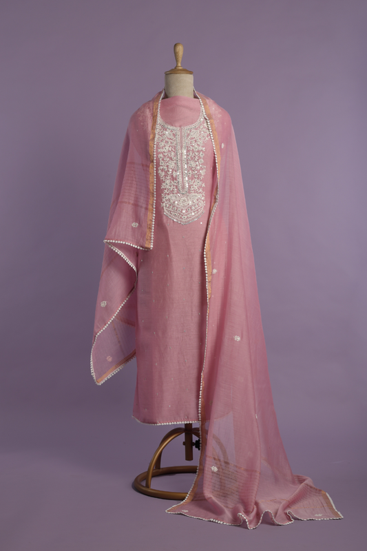 Bubblegum Pink Mul Kurta Set with Cord & Sequins Work
