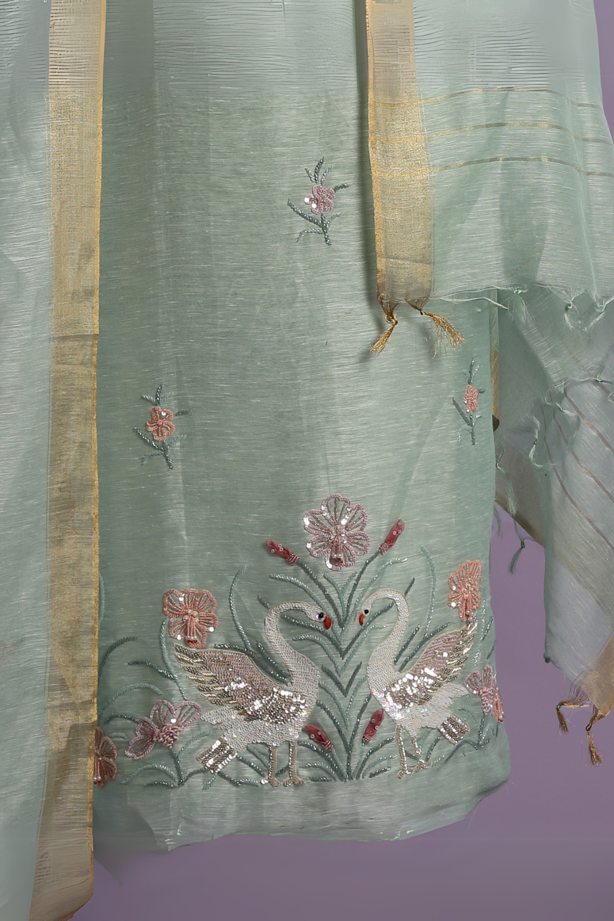 Aqua Blue Linen Kurta Set with Intricate Resham Embroidery with Pearls & Sequins