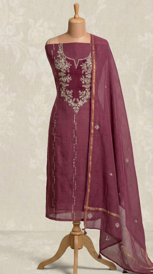 Plum Resham Embroidery Mul Mul Unstitched Suit Set