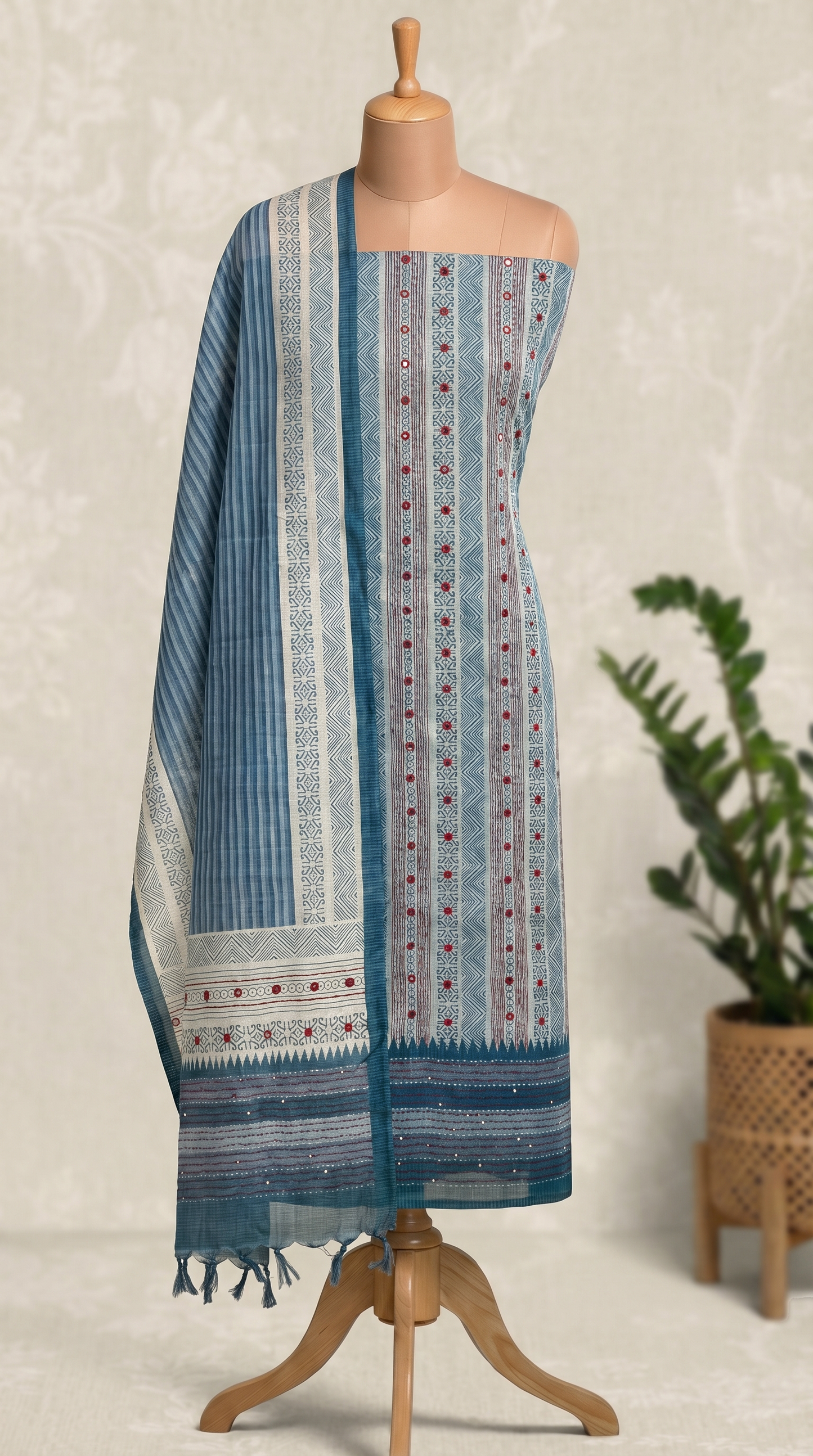 Resham Embroidery Blue Jute Cotton Unstitched Suit Set