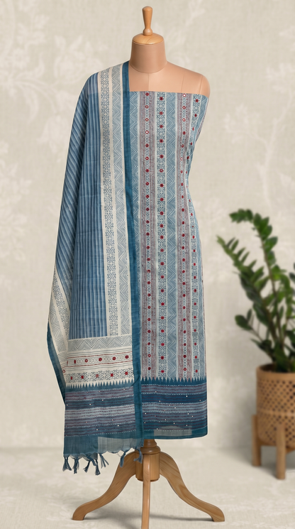 Resham Embroidery Blue Jute Cotton Unstitched Suit Set