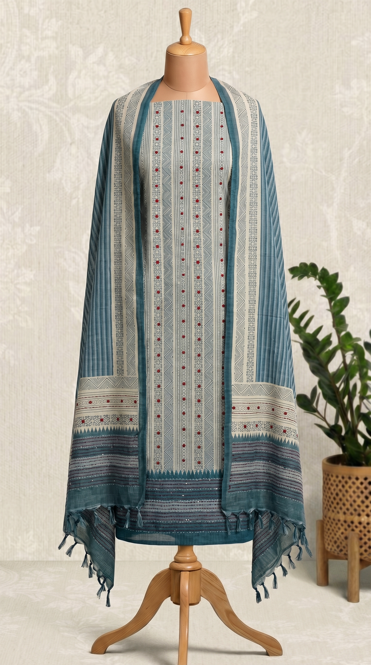 Resham Embroidery Blue Jute Cotton Unstitched Suit Set