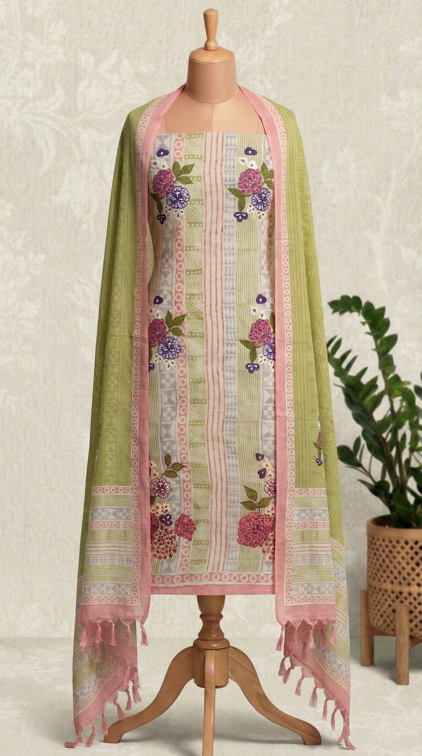 Resham Embroidery Olive Green Jute Cotton Unstitched Suit Set