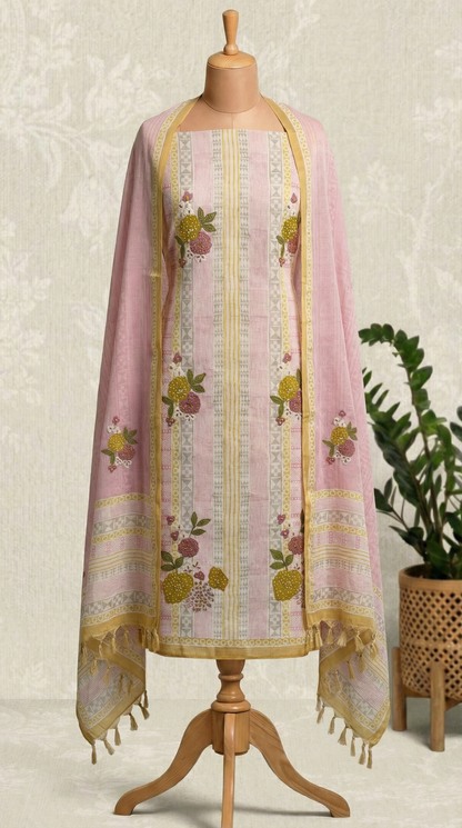 Resham Embroidery Dusty Yellow Jute Cotton Unstitched Suit Set