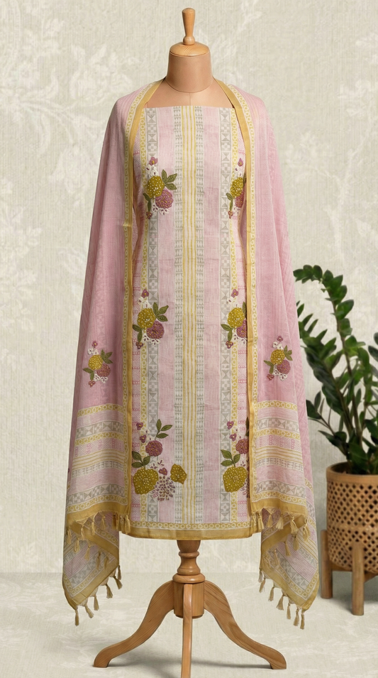Resham Embroidery Dusty Yellow Jute Cotton Unstitched Suit Set