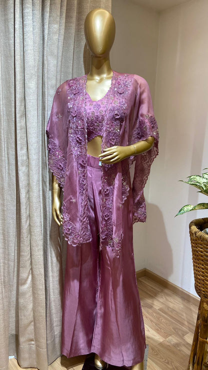 Yellow Silk & Organza Co-ord with Cape