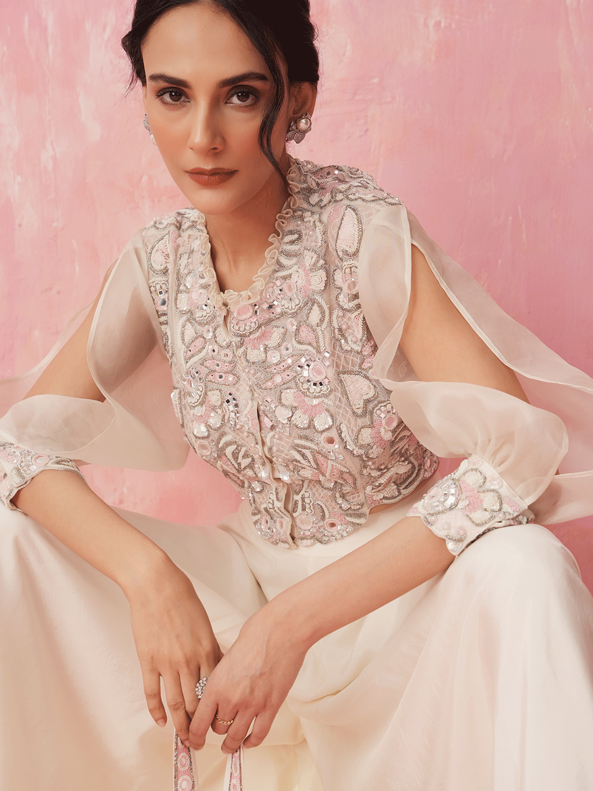 Pure White Cutdana Top & Skirt Set with Sequins & Mirror Work Details