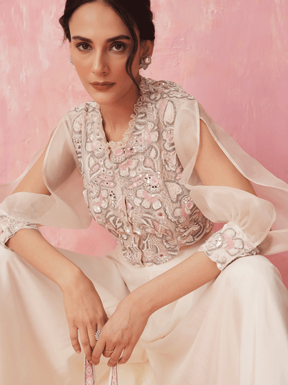 Pure White Cutdana Top & Skirt Set with Sequins & Mirror Work Details