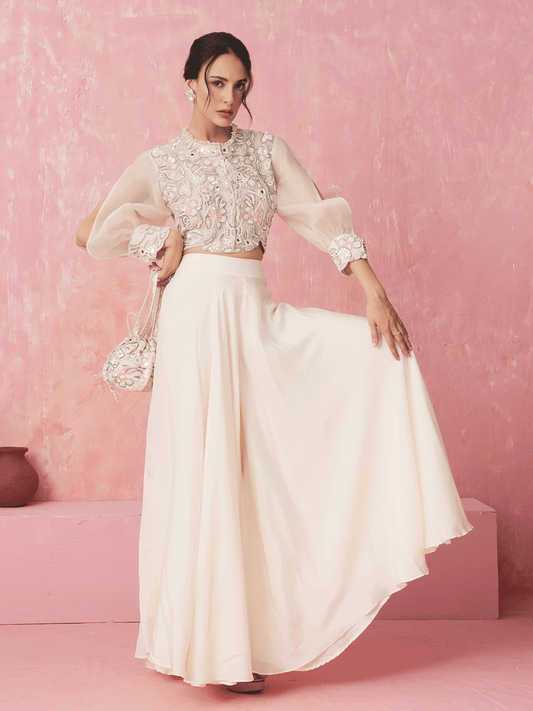 Pure White Cutdana Top & Skirt Set with Sequins & Mirror Work Details