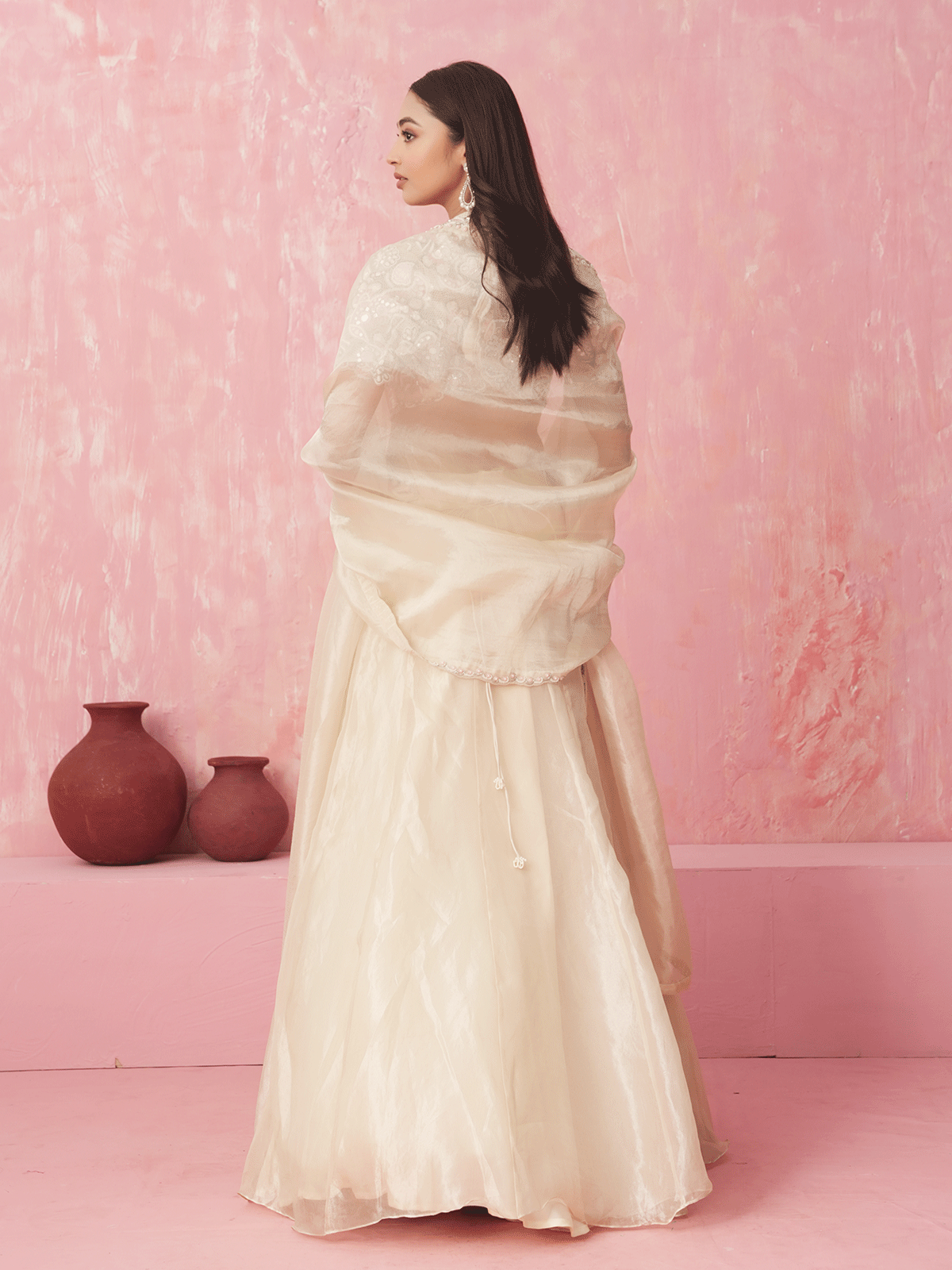 Pure White Cutdana Embroidered Top & Lehenga Set with Chir Work