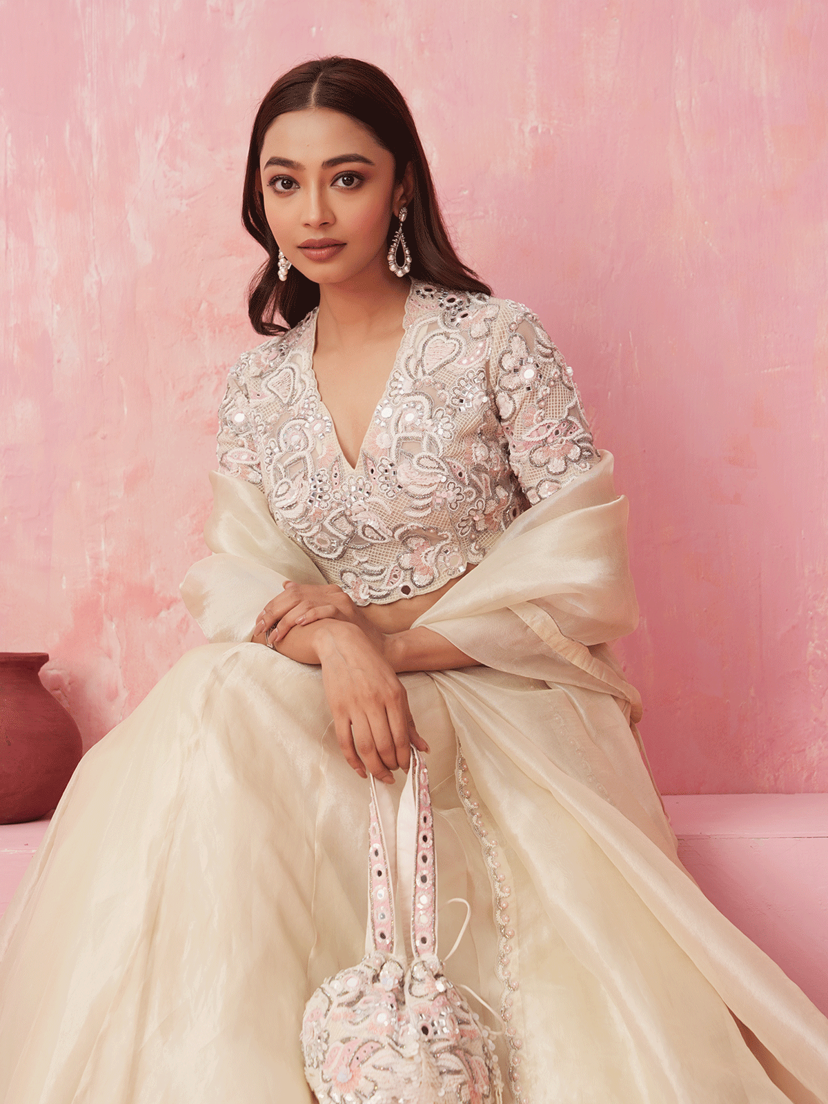 Pure White Cutdana Embroidered Top & Lehenga Set with Chir Work