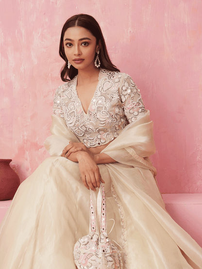 Pure White Cutdana Embroidered Top & Lehenga Set with Chir Work