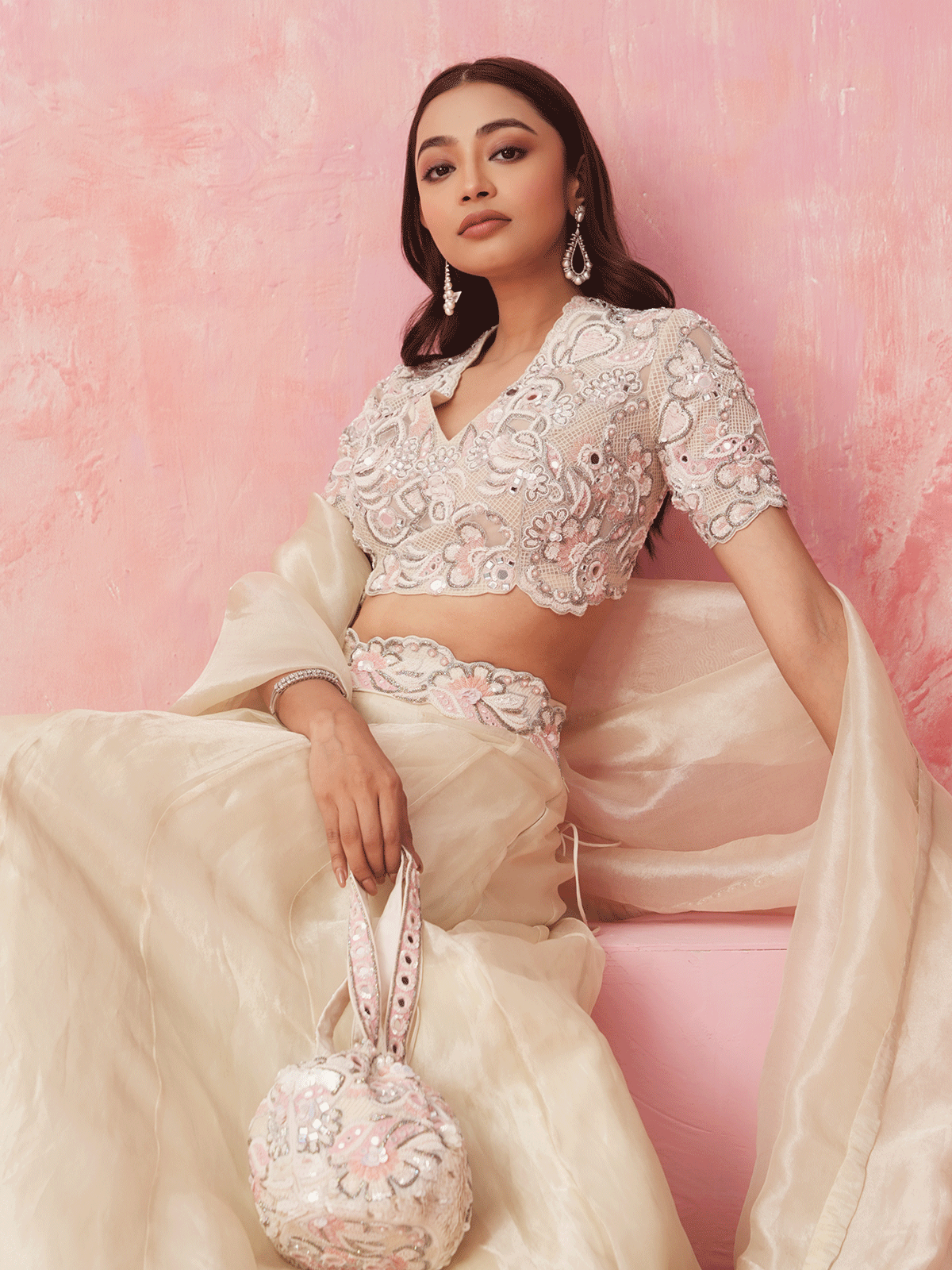 Pure White Cutdana Embroidered Top & Lehenga Set with Chir Work