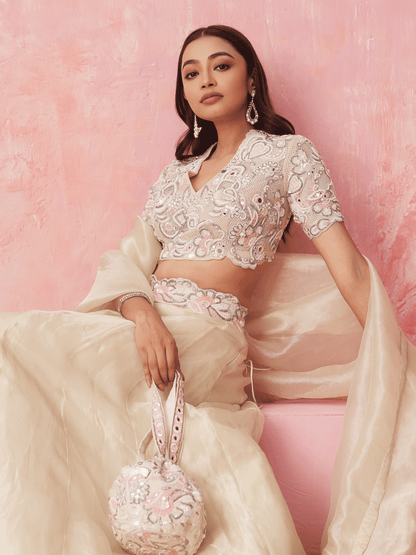 Pure White Cutdana Embroidered Top & Lehenga Set with Chir Work